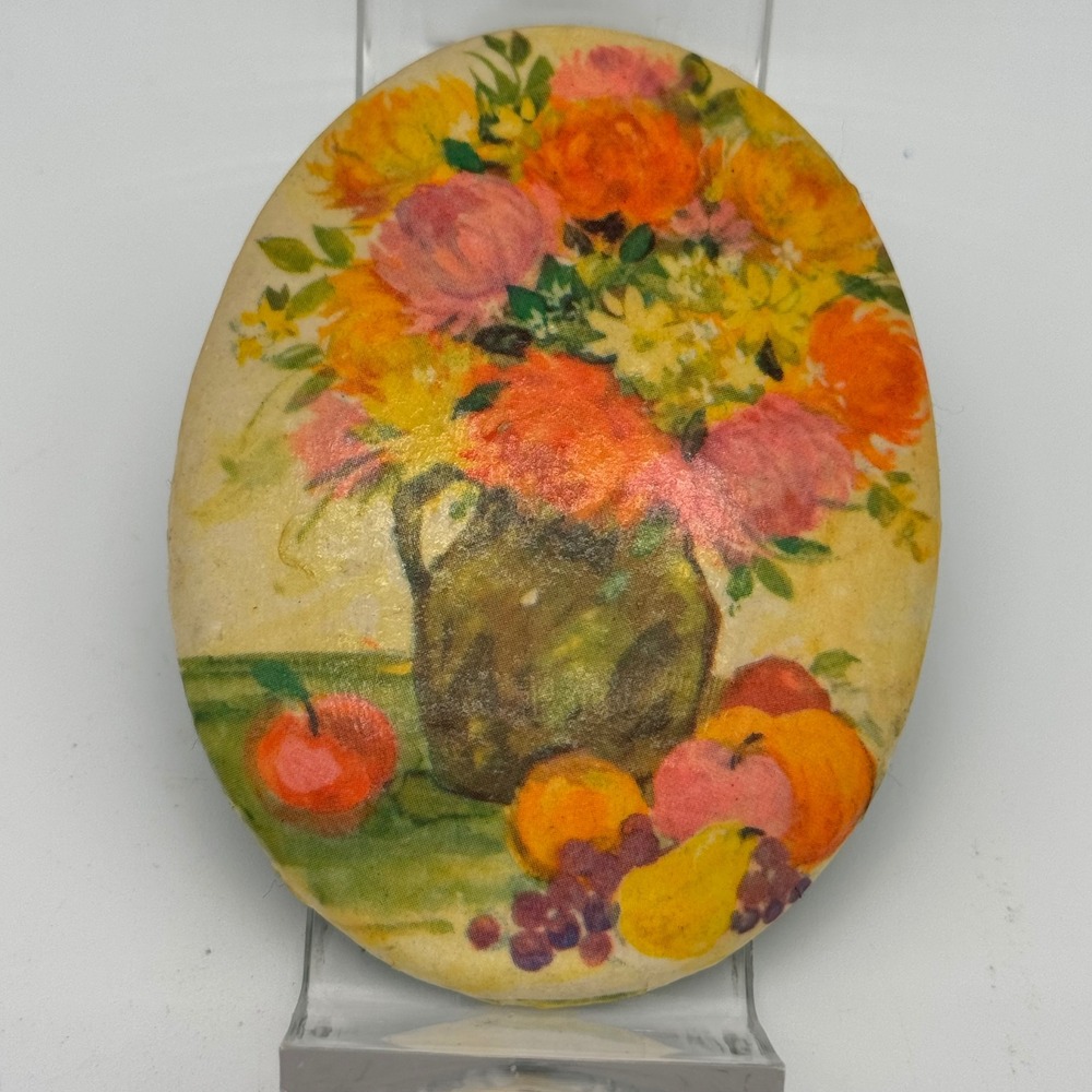 Vintage 70s Decoupage Oval Vanity Display Plaque Floral Fruit Still Life Felt